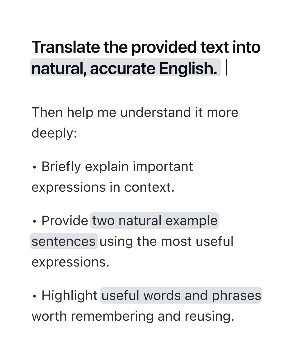 Custom translation instructions requesting explanations and example sentences