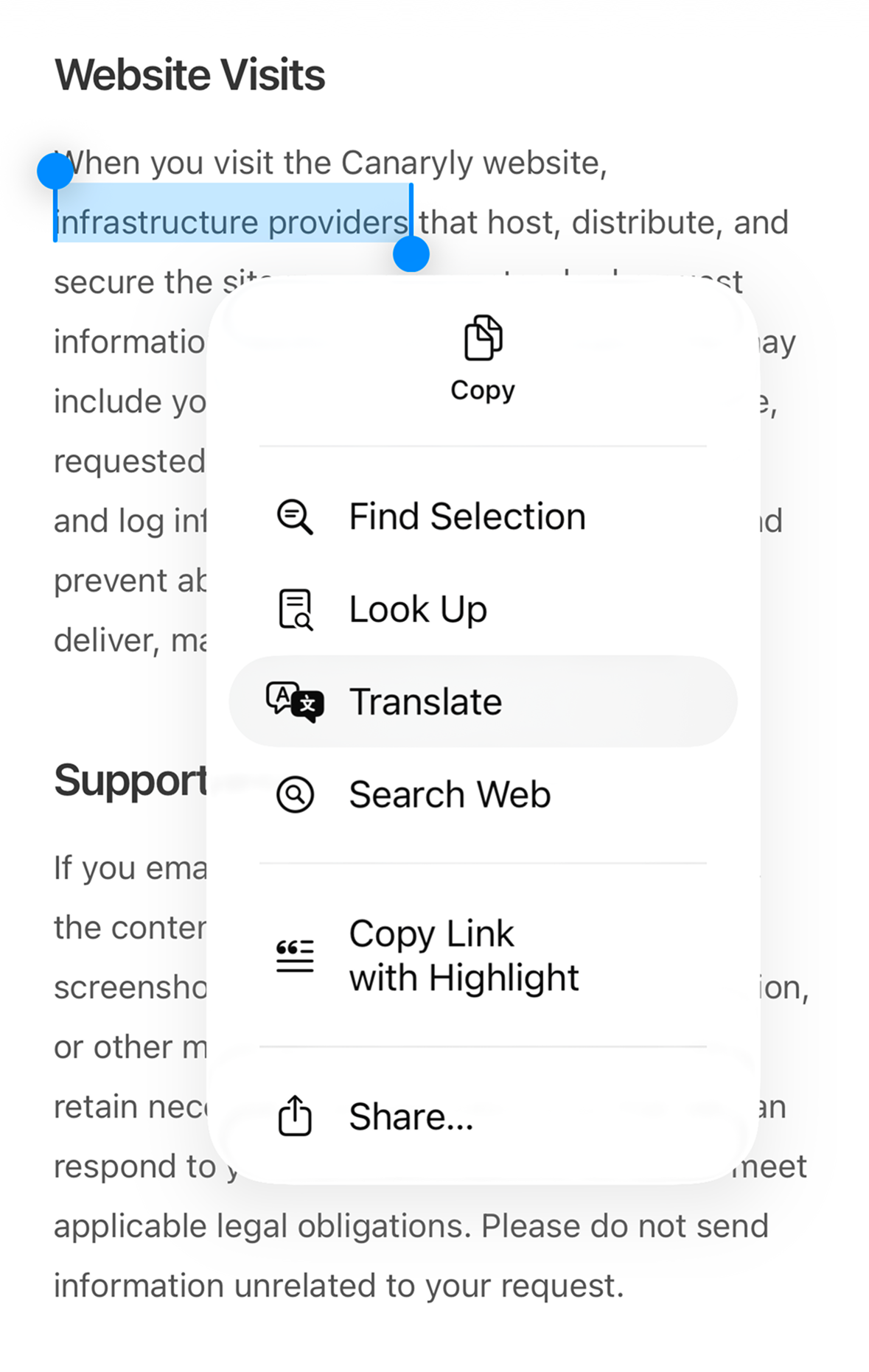 Selected text in iOS with the system menu showing the Translate action